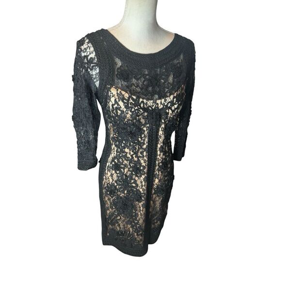 Sue Wong Black Heavily Embroidered Lace Dress Lined 3/4 Sleeve Cocktail Sz 10 - Picture 3 of 9